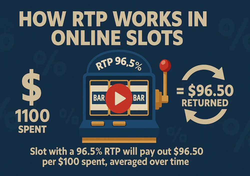 Illustrated graphic showing how a 96.5% RTP slot returns $96.50 per $100 wagered, with a slot machine, payout loop, and clear dollar visuals.
