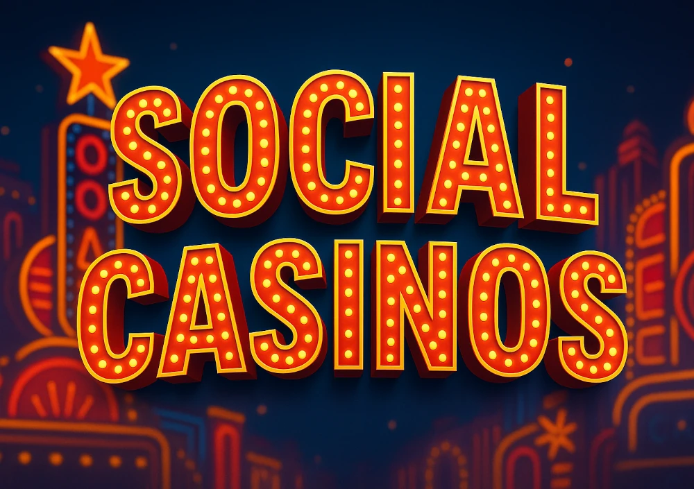 3D text reading “Social Casinos” with glowing Vegas-style lights and casino-themed background