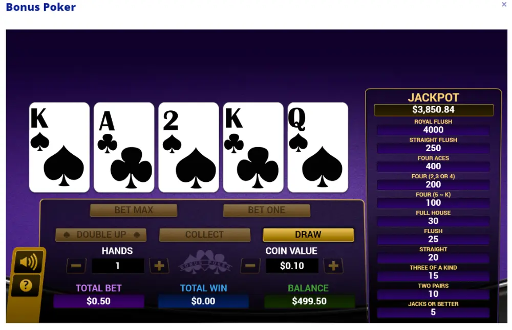 Triple Double Bonus Poker paytable example