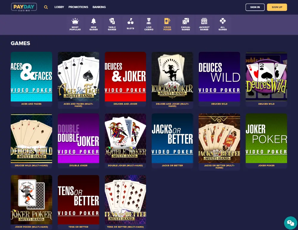payday casino video poker lobby