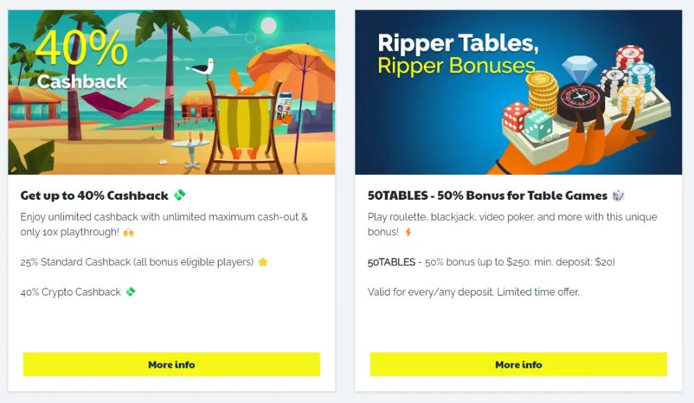 ripper casino cashback and tables bonus