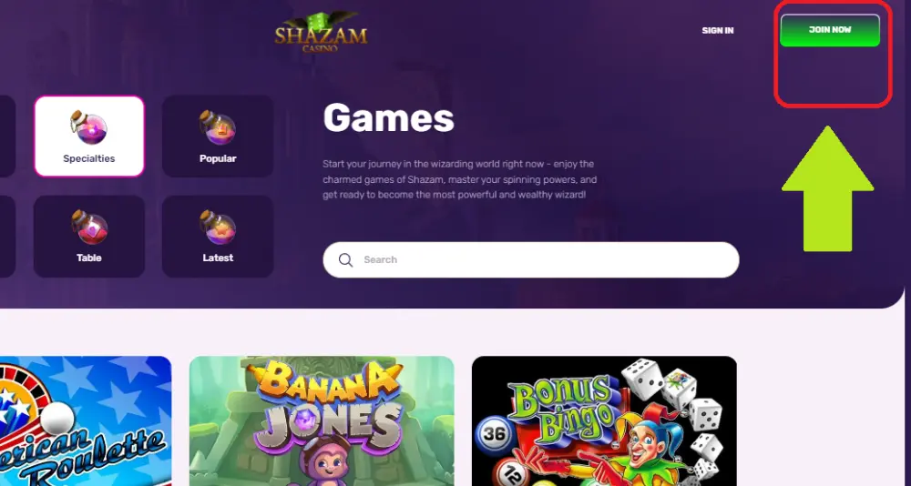 sahzam casino sign up page