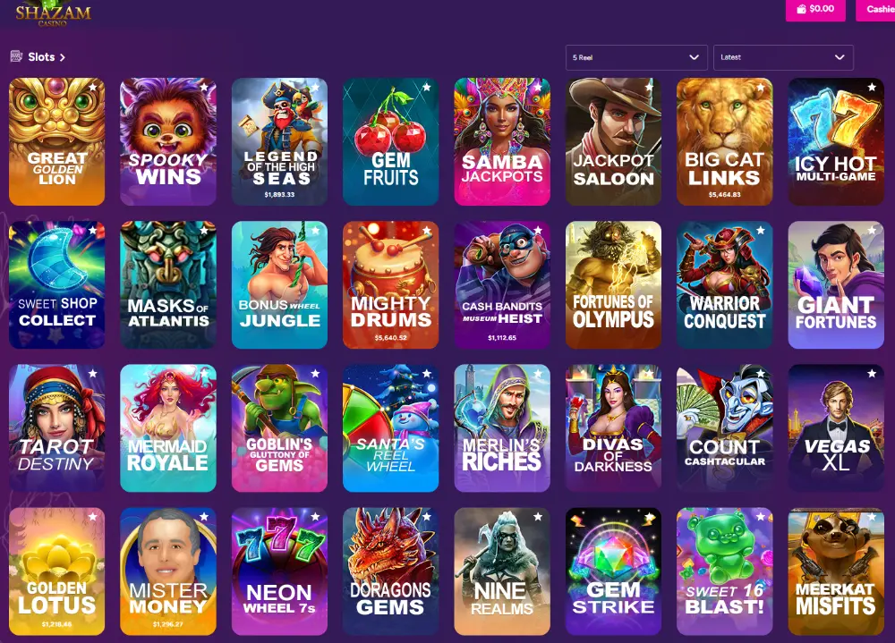 shazam casino slots lobby