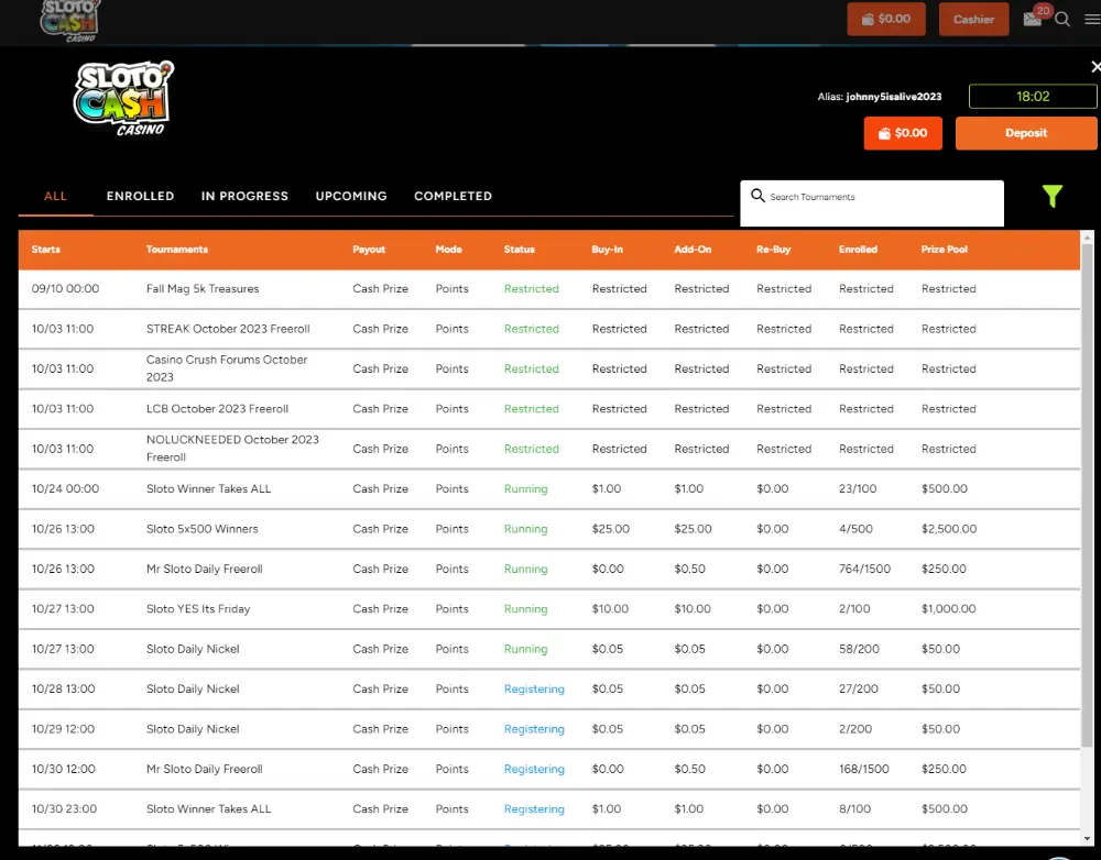 SlotoCash tournaments lobby