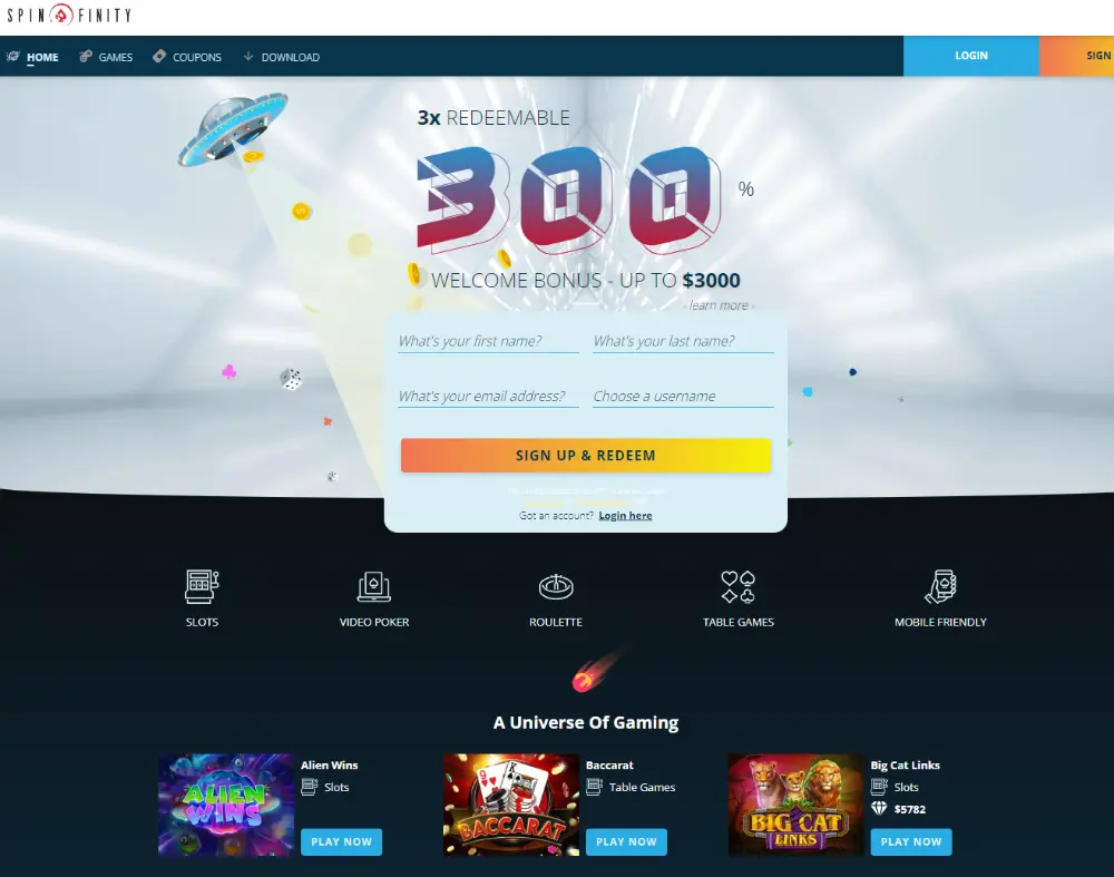 spinfintity casino homepage