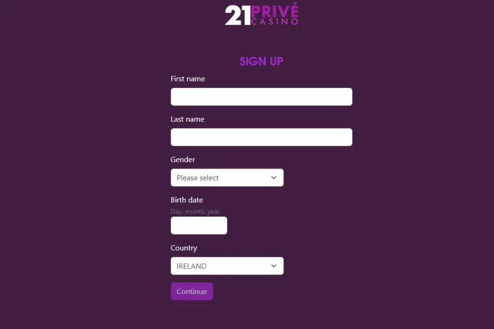 21 prive casino registration page