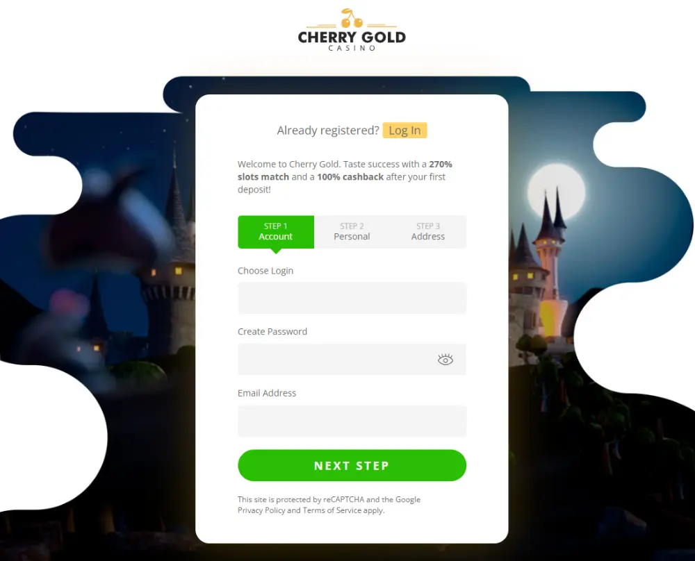 cherry gold casino register page