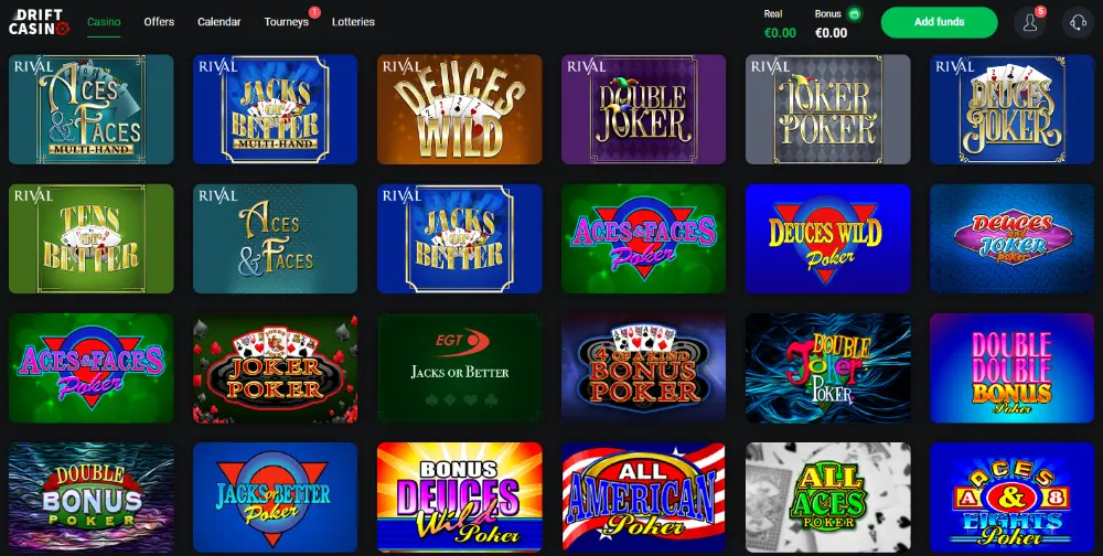drift casino video poker lobby
