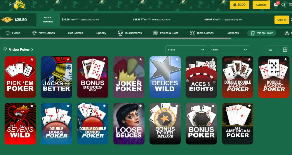 fair go casino video poker lobby