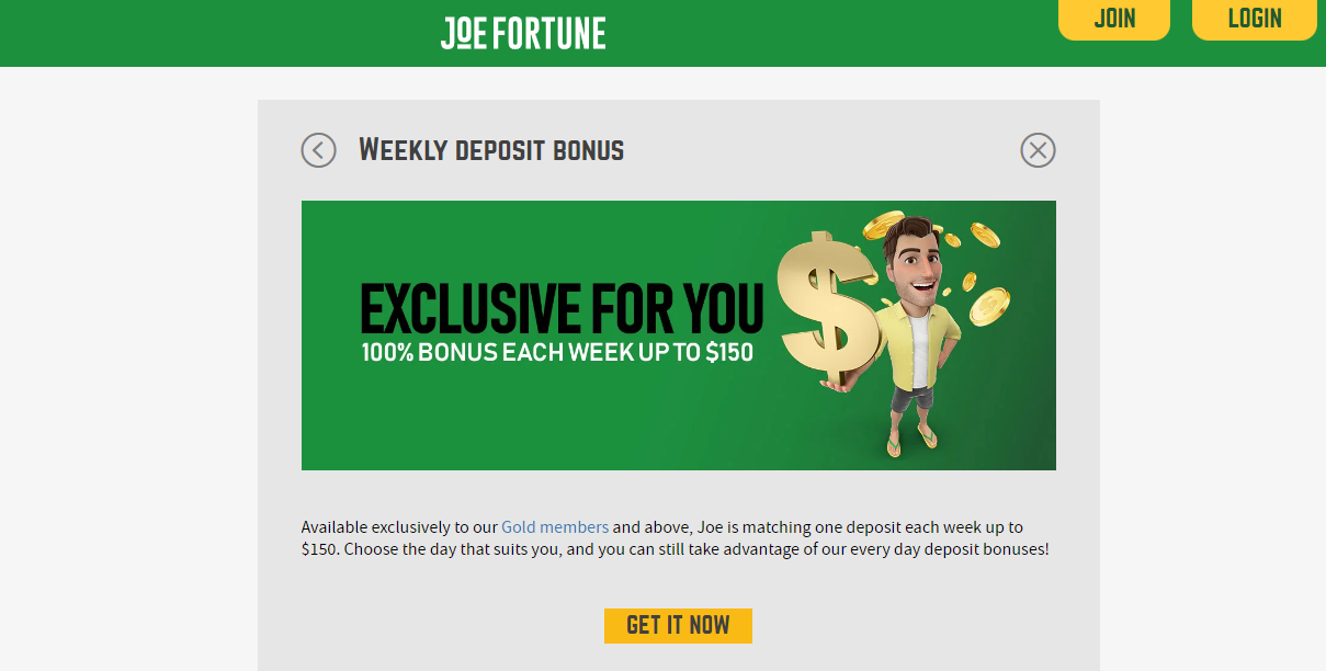 joe fortune weekly bonus