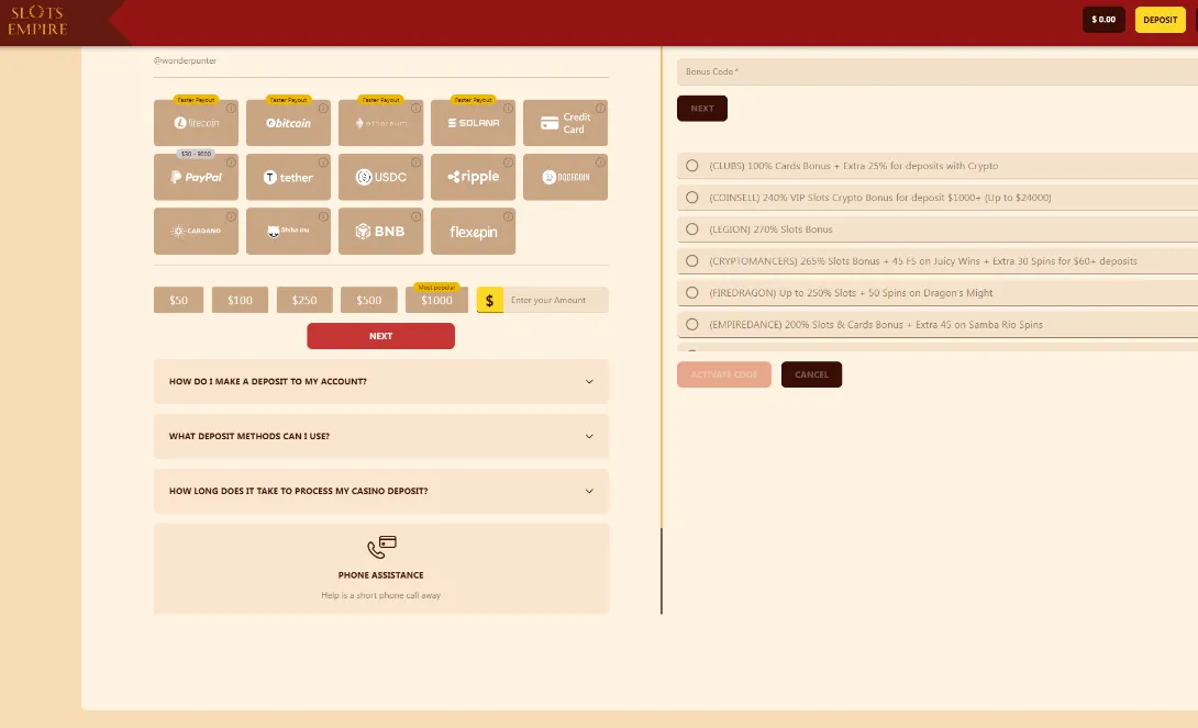 Slots Empire Cashier Interface