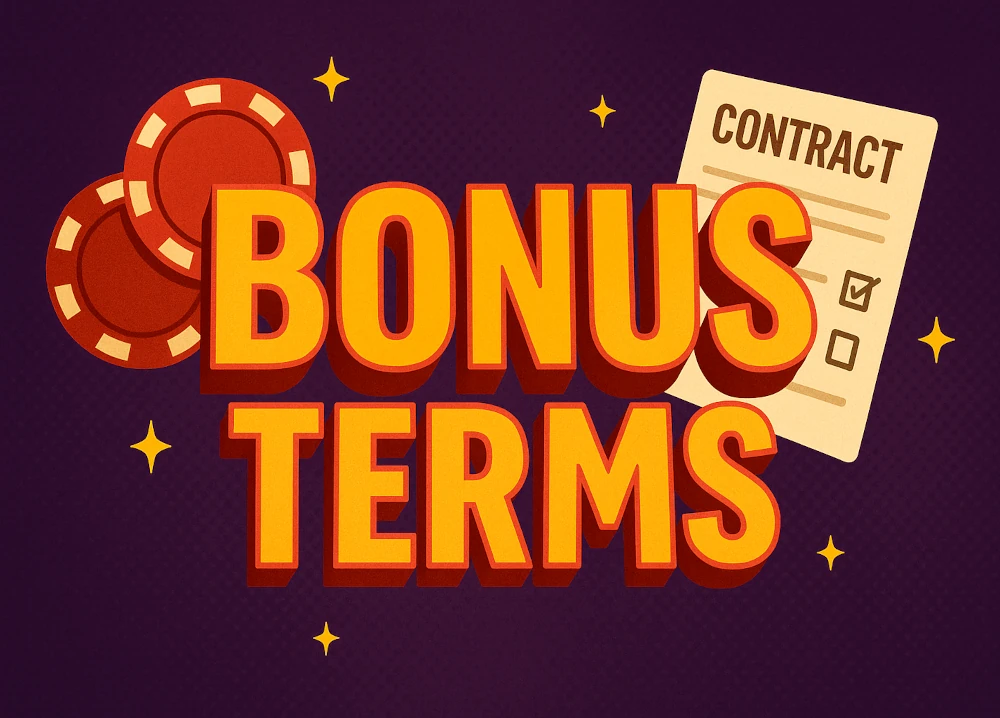 3D “Bonus Terms” title with casino chips and contract graphic on purple background