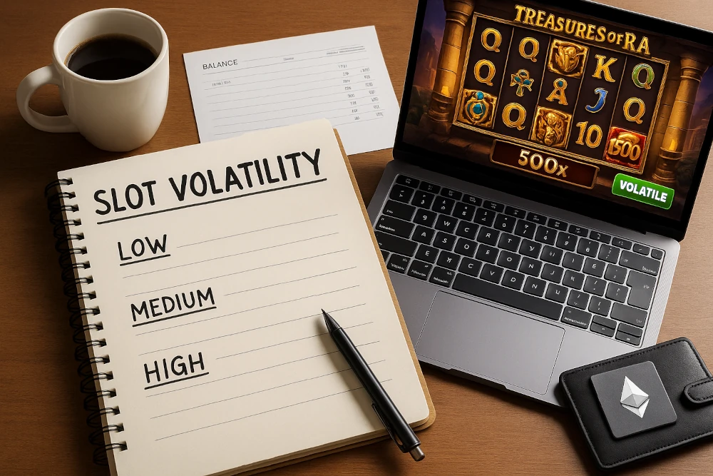 Notebook with slot volatility levels, laptop showing volatile slot game, crypto wallet, and coffee — Otto’s slot testing setup.