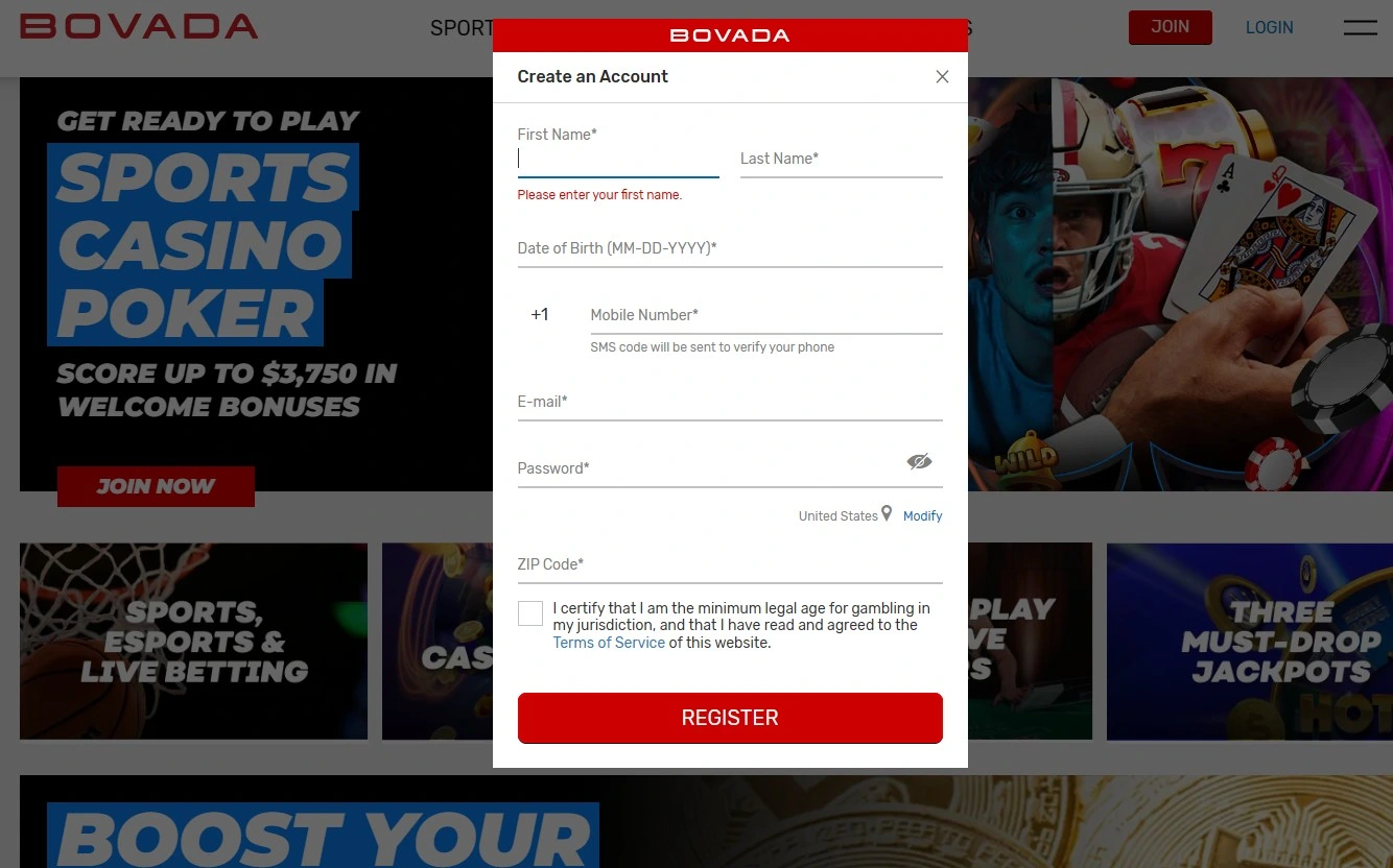 Bovada USA Player Registration Form