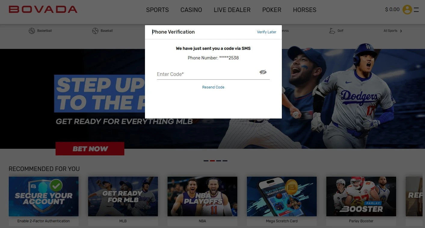 Bovada Mandatory SMS Phone Verification Step