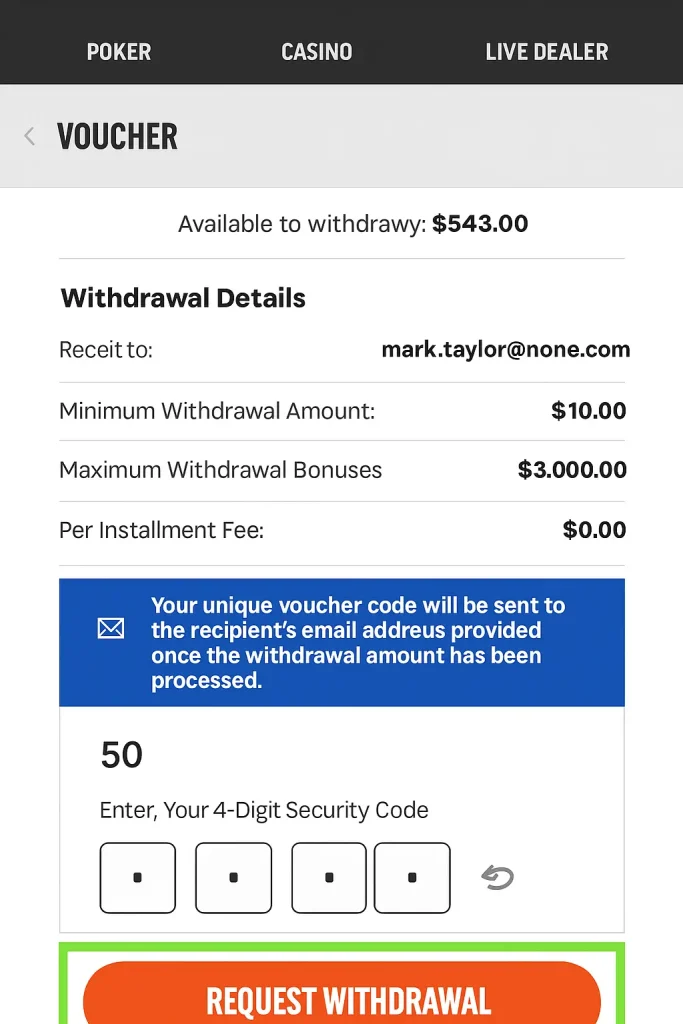 Ignition Casino Real Money Payout Voucher Screenshot