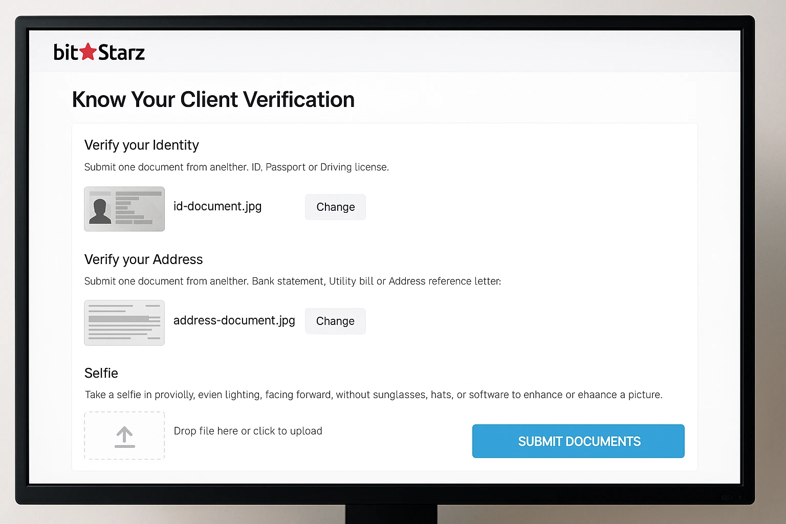 Verified KYC Identity Document Submission Screen at BitStarz Euro Casino