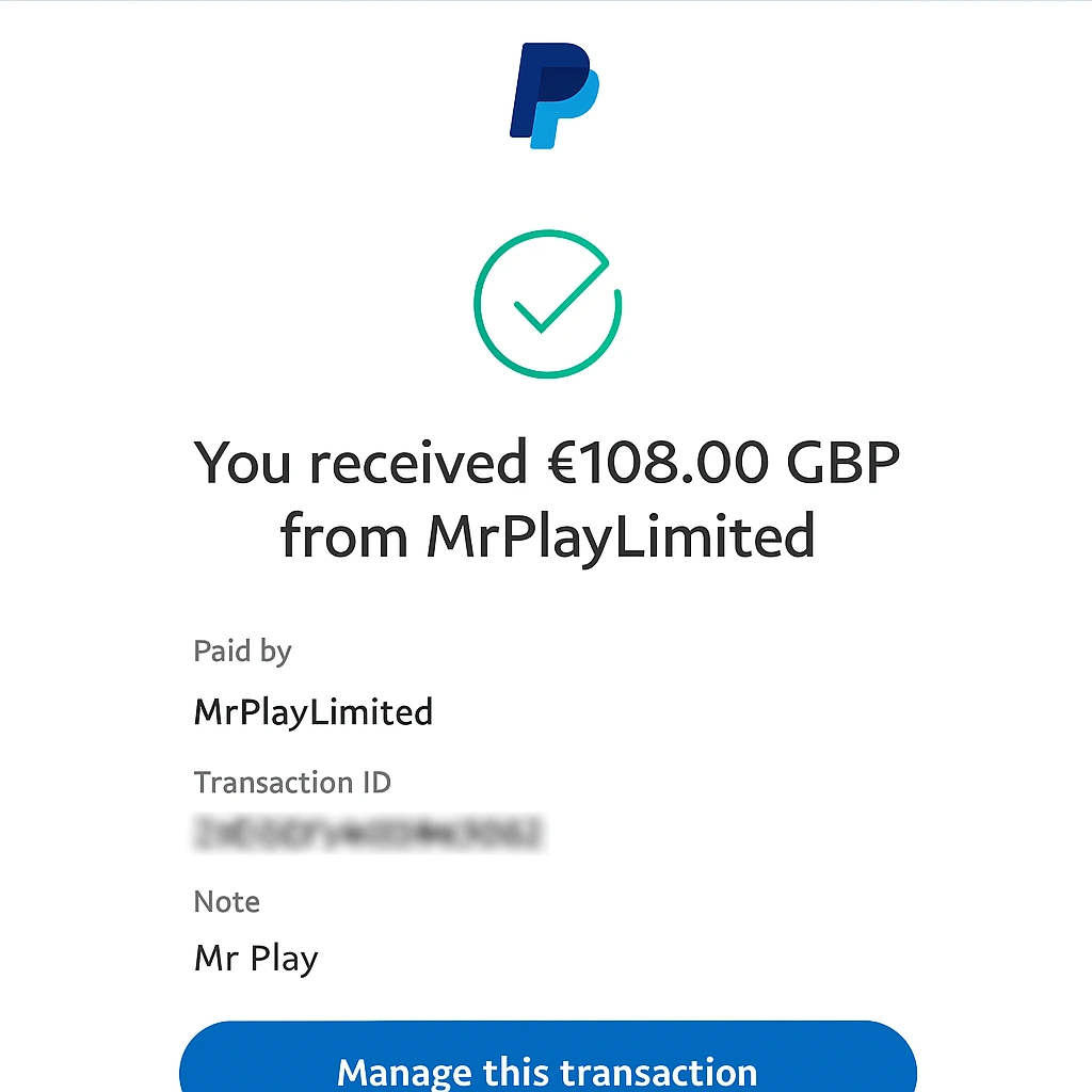 Mr Play PayPal Withdrawal Proof screenshot showing AG Communications transaction