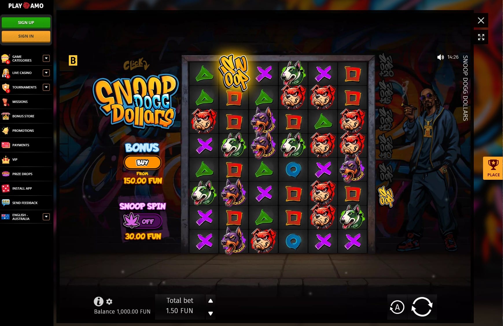 Snoop Dogg Dollars slot running inside the PlayAmo Casino lobby