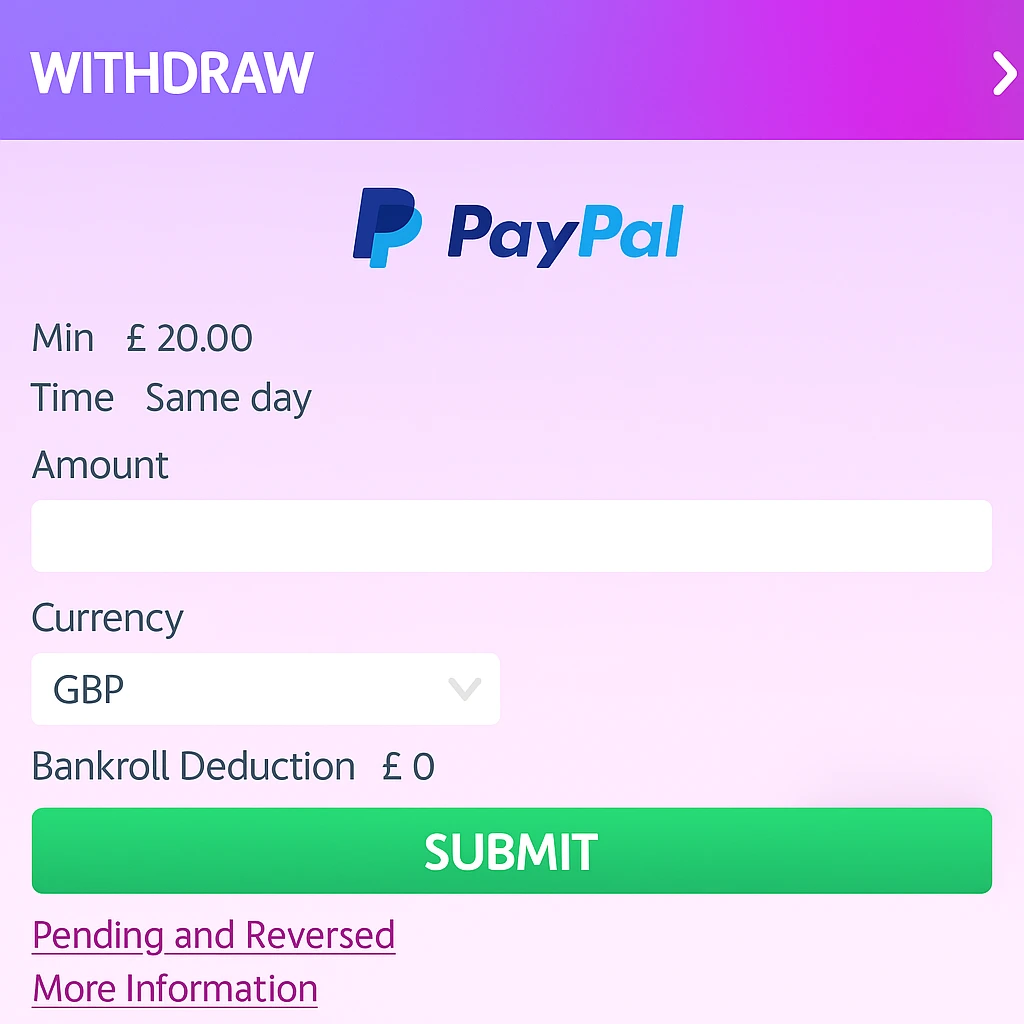 PlayOJO PayPal withdrawal cashier screen
