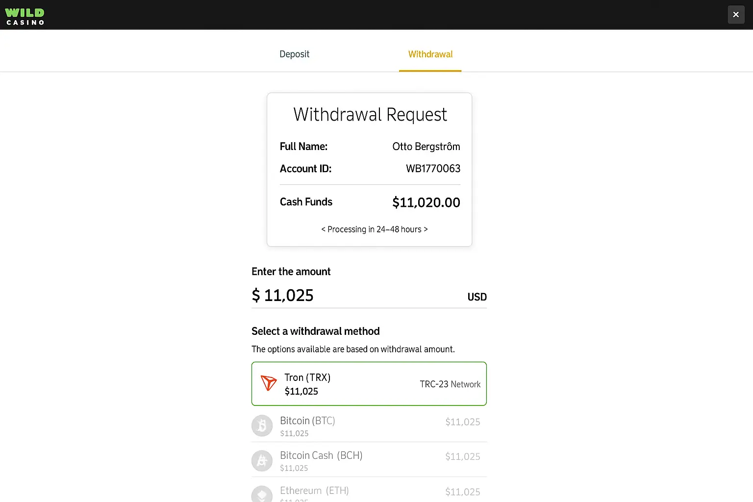 Tron Casino Withdrawal Transaction