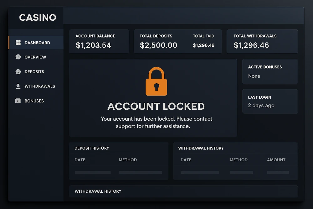 screen of online casino account locked