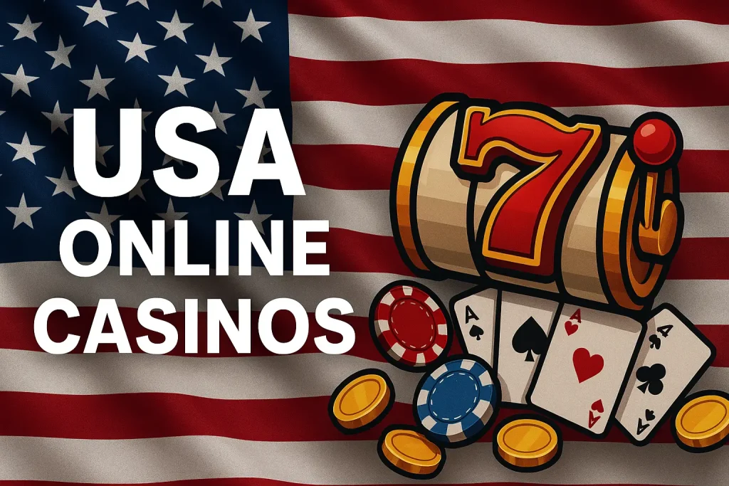 USA online casinos banner featuring American flag, slot machine, poker chips, and playing cards