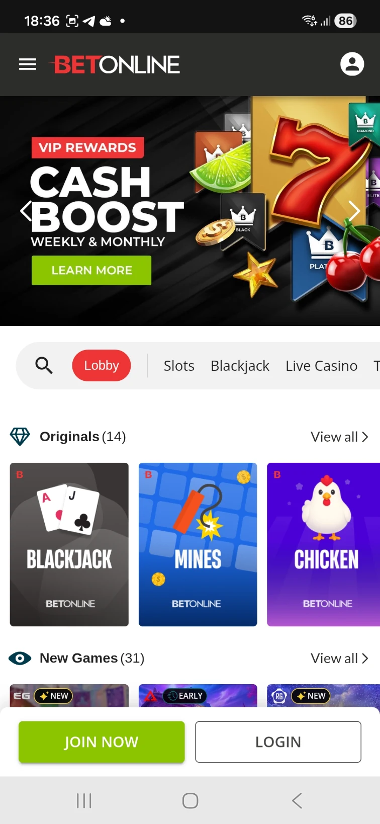BetOnline Mobile Real Money Slots Grid