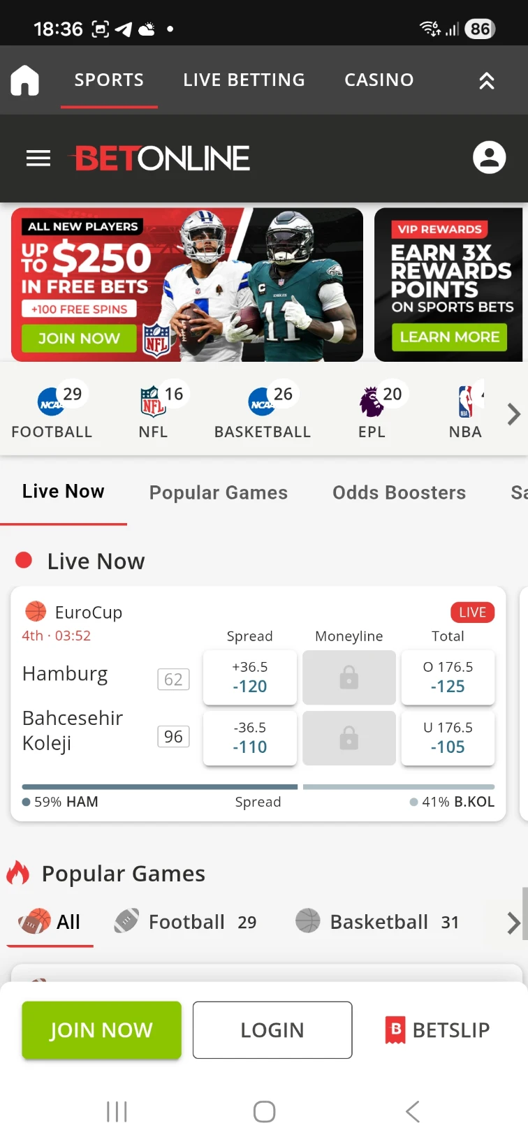 BetOnline Mobile Sportsbook In-Play Grid View