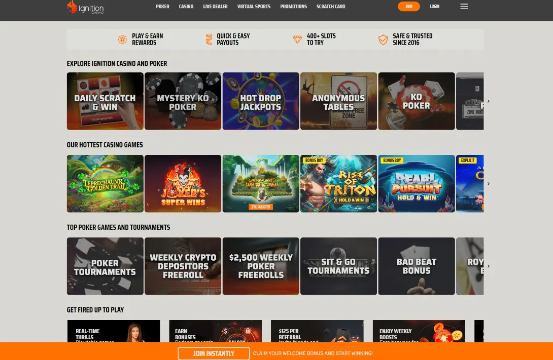 Screenshot of Ignition Casino homepage on a mobile device showing game lobby and navigation