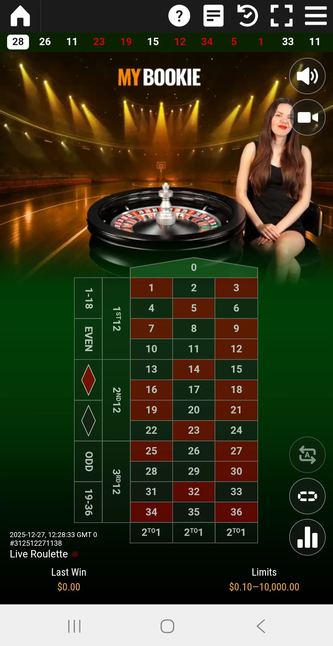 MyBookie Live Roulette Portrait Mode