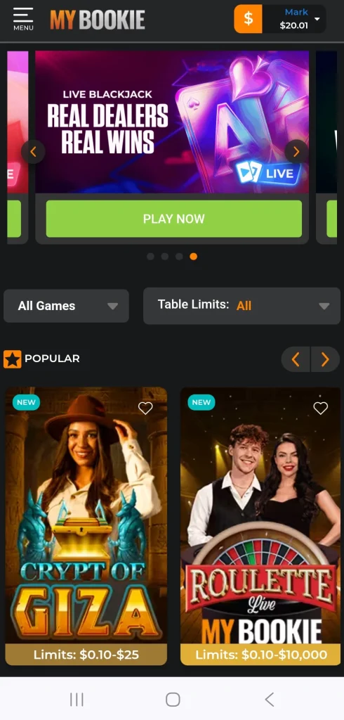 MyBookie Live Lobby Mobile Interface