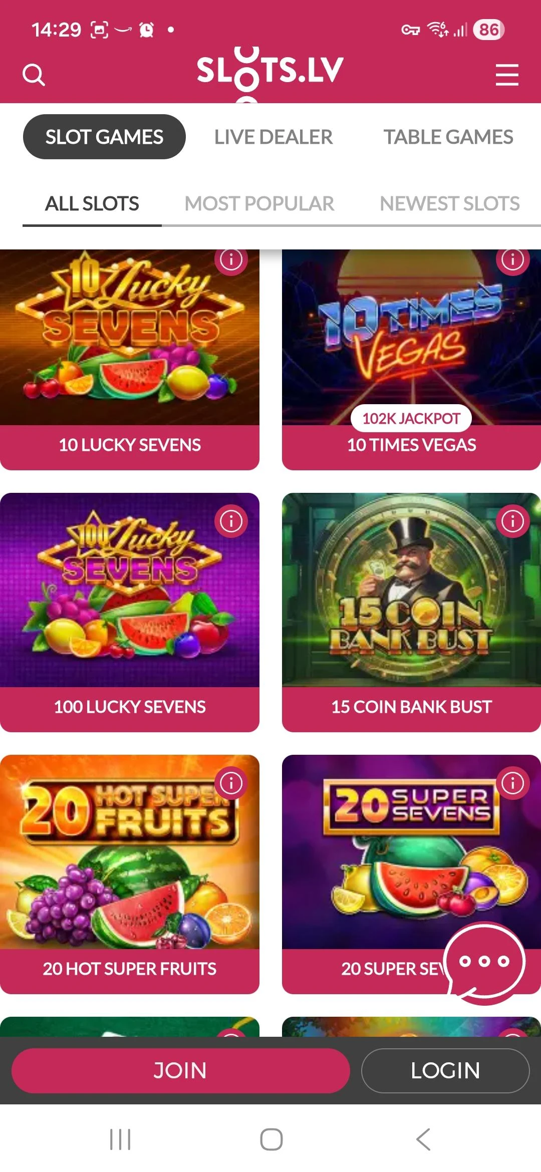 Slots LV App Interface