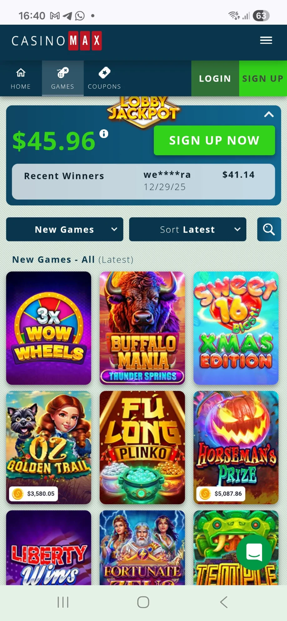 CasinoMax Mobile Lobby on S25 Edge