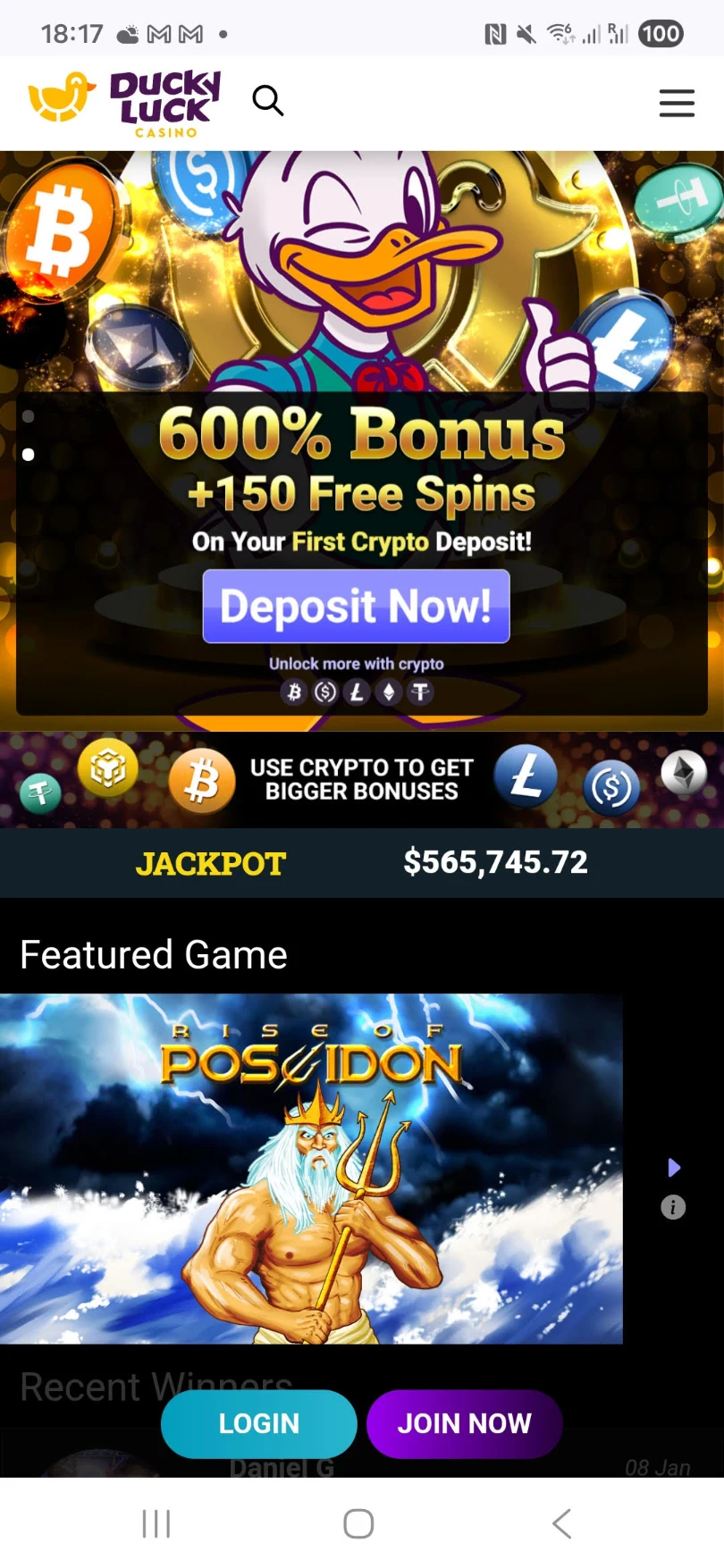 DuckyLuck Mobile Casino Interface 2026