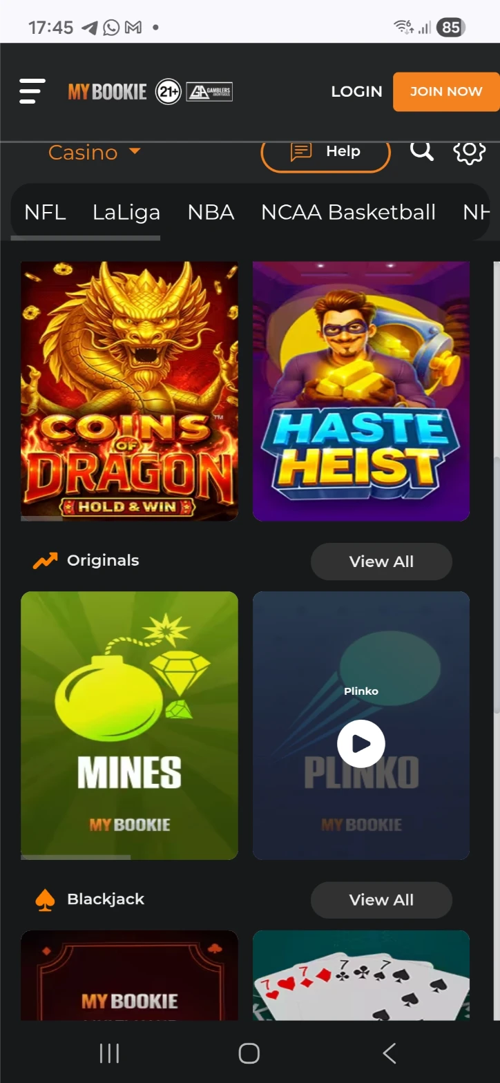 MyBookie mobile casino interface layout
