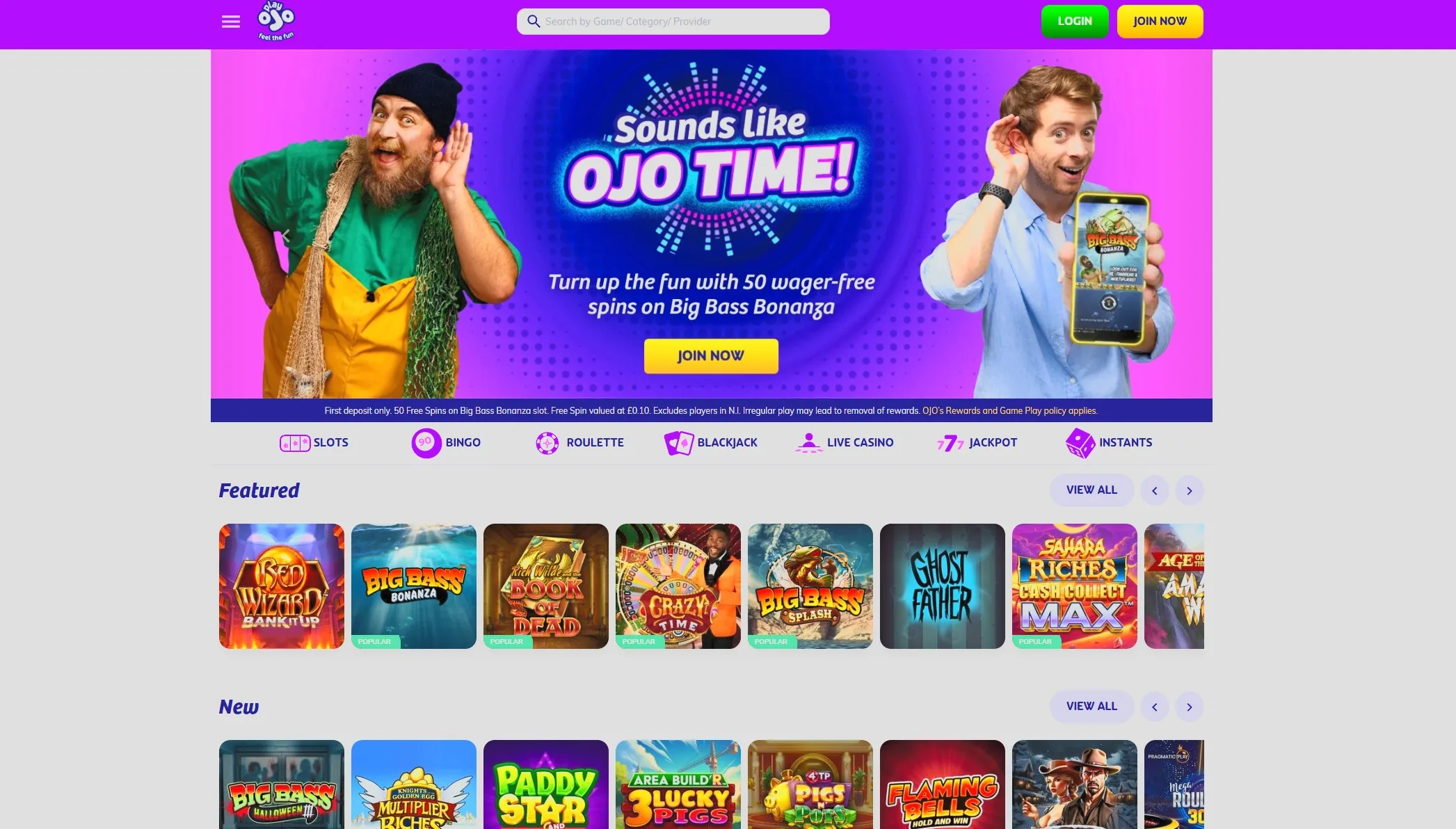 PlayOJO casino lobby showing the current UK welcome offer and game categories