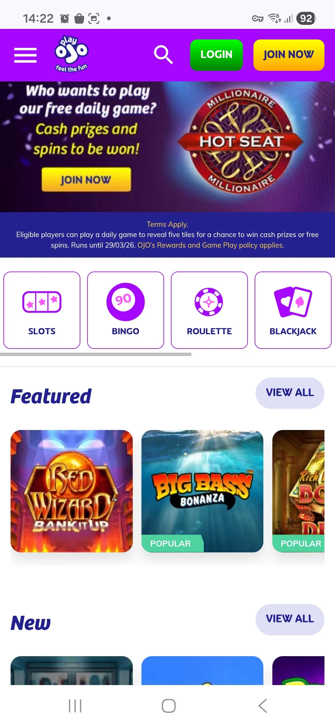 PlayOJO Android casino app interface