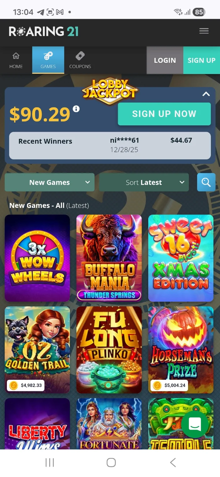 Roaring 21 Mobile Interface