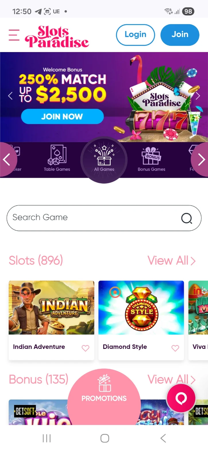 Slots Paradise Mobile Casino Interface