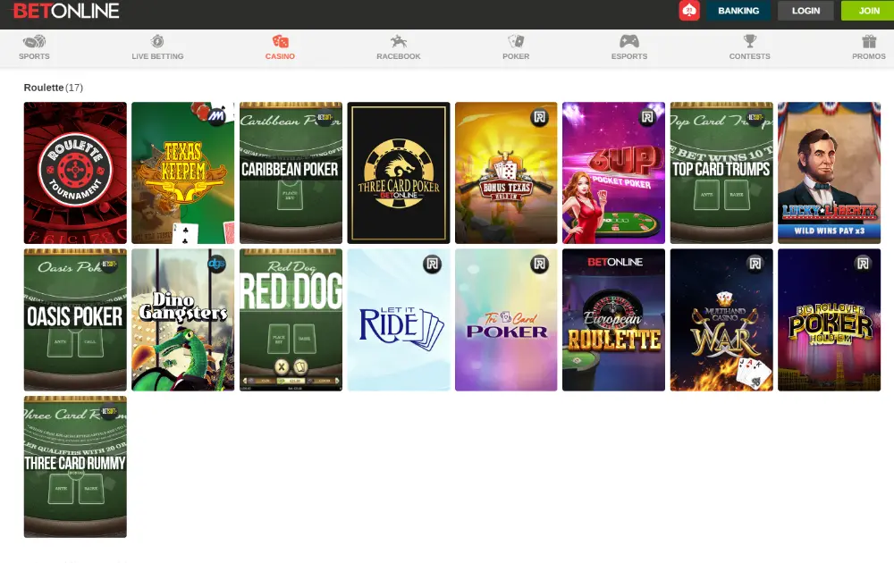 BetOnline Casino Table Games Lobby