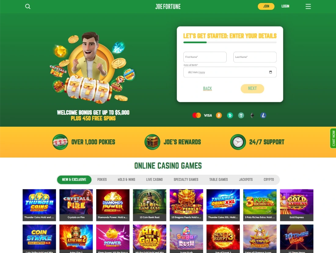 Joe Fortune Casino Homepage Interface