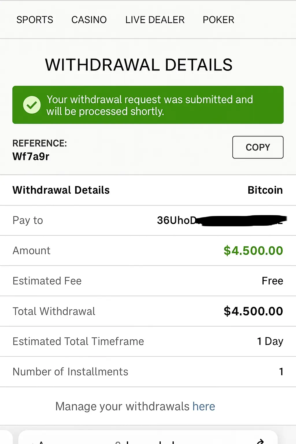 Bovada $4,500 Bitcoin withdrawal record