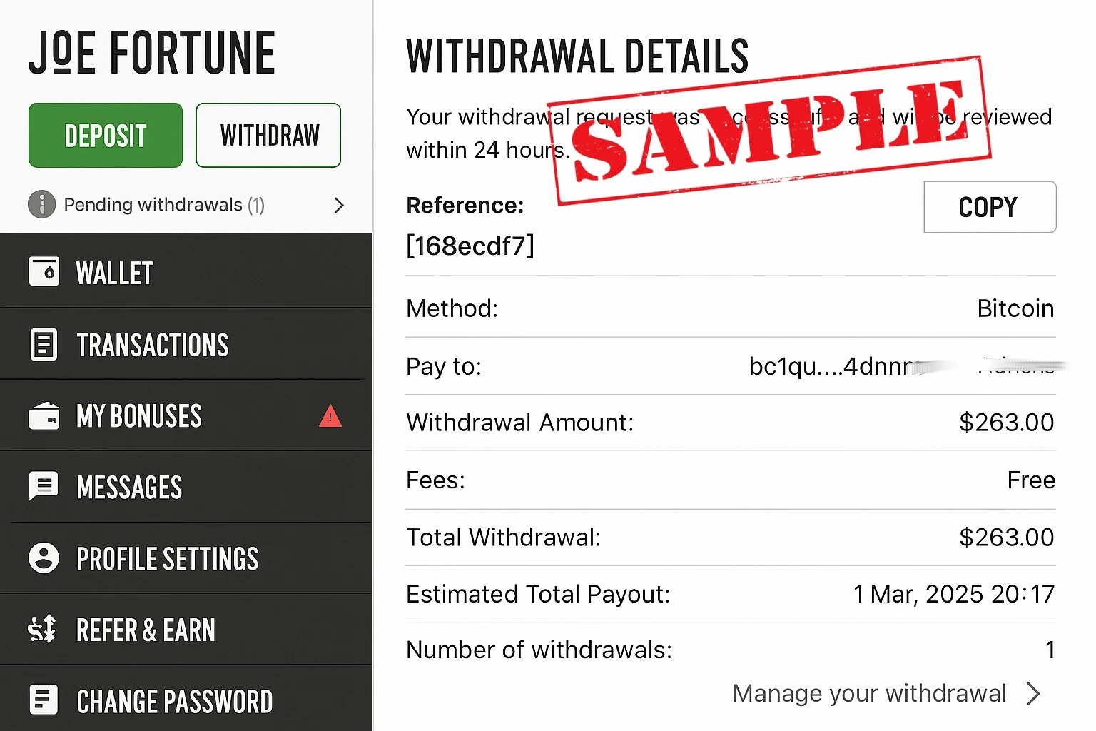 Joe Fortune AU$263 Bitcoin payout record used by CasinoWhizz