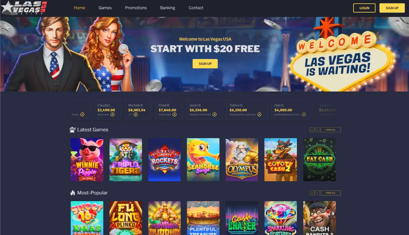 New Las Vegas USA Casino homepage showing the $20 free welcome offer and current games