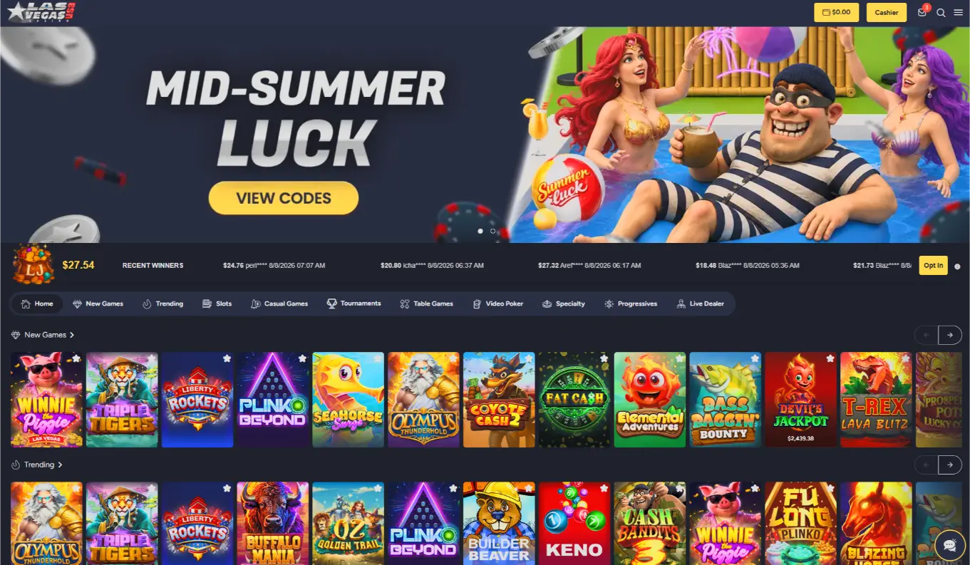 Logged-in Las Vegas USA lobby showing new games, tournaments, table games, video poker, progressives and live dealer