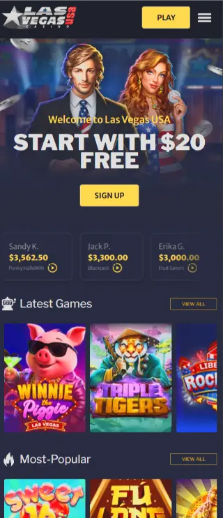 New Las Vegas USA mobile casino homepage showing the $20 free offer and current games
