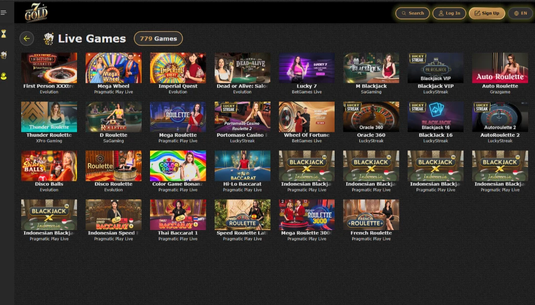 7 Gold Casino live lobby with roulette, blackjack, baccarat and game shows