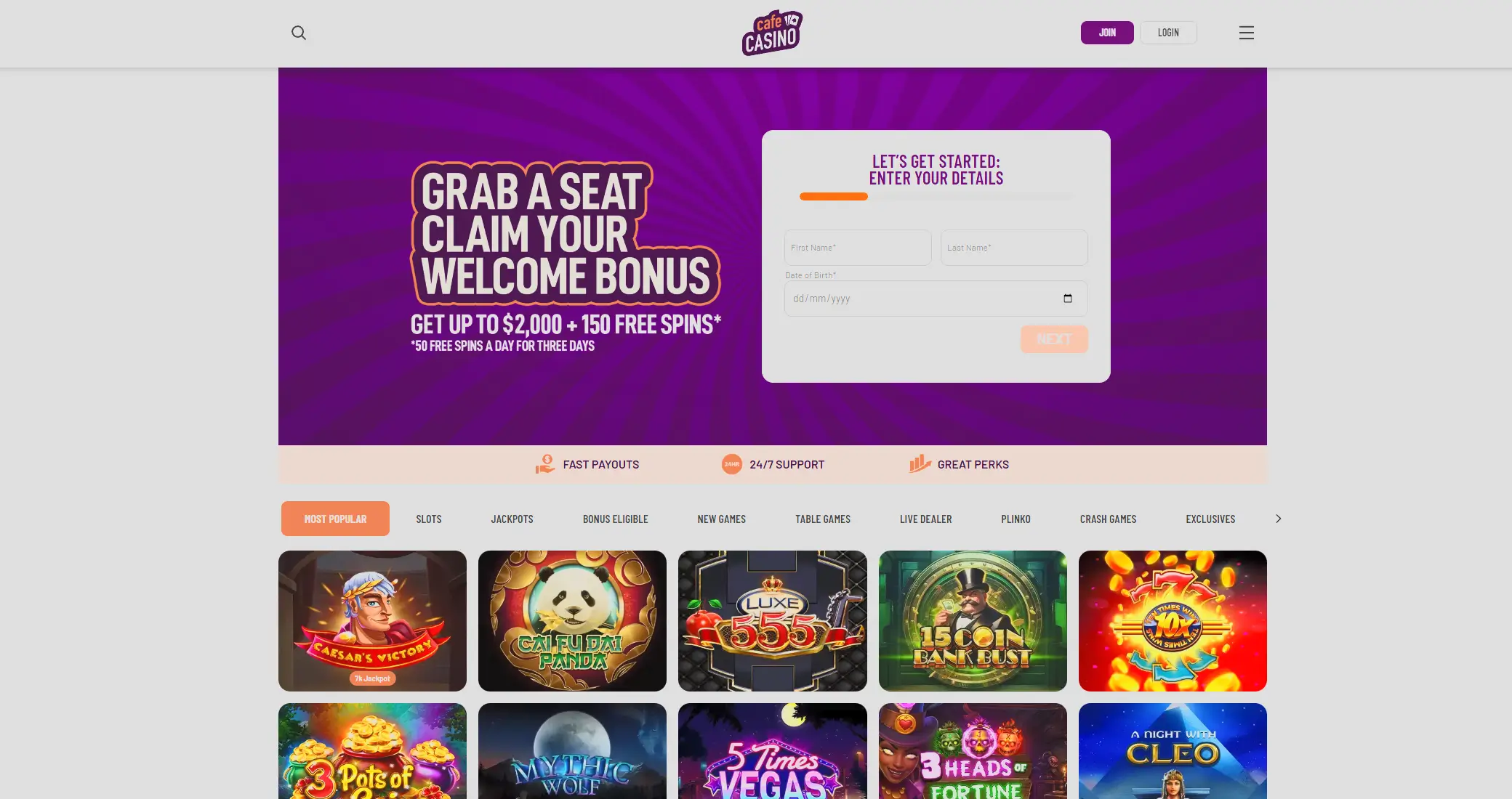 Cafe Casino homepage with slots and Hot Drop jackpots