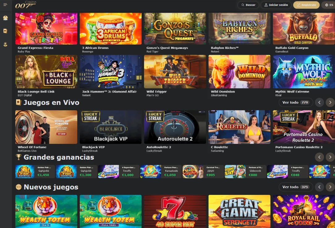 Casino 007 lobby with Gonzo's Quest Megaways, Jack Hammer 3 and live roulette